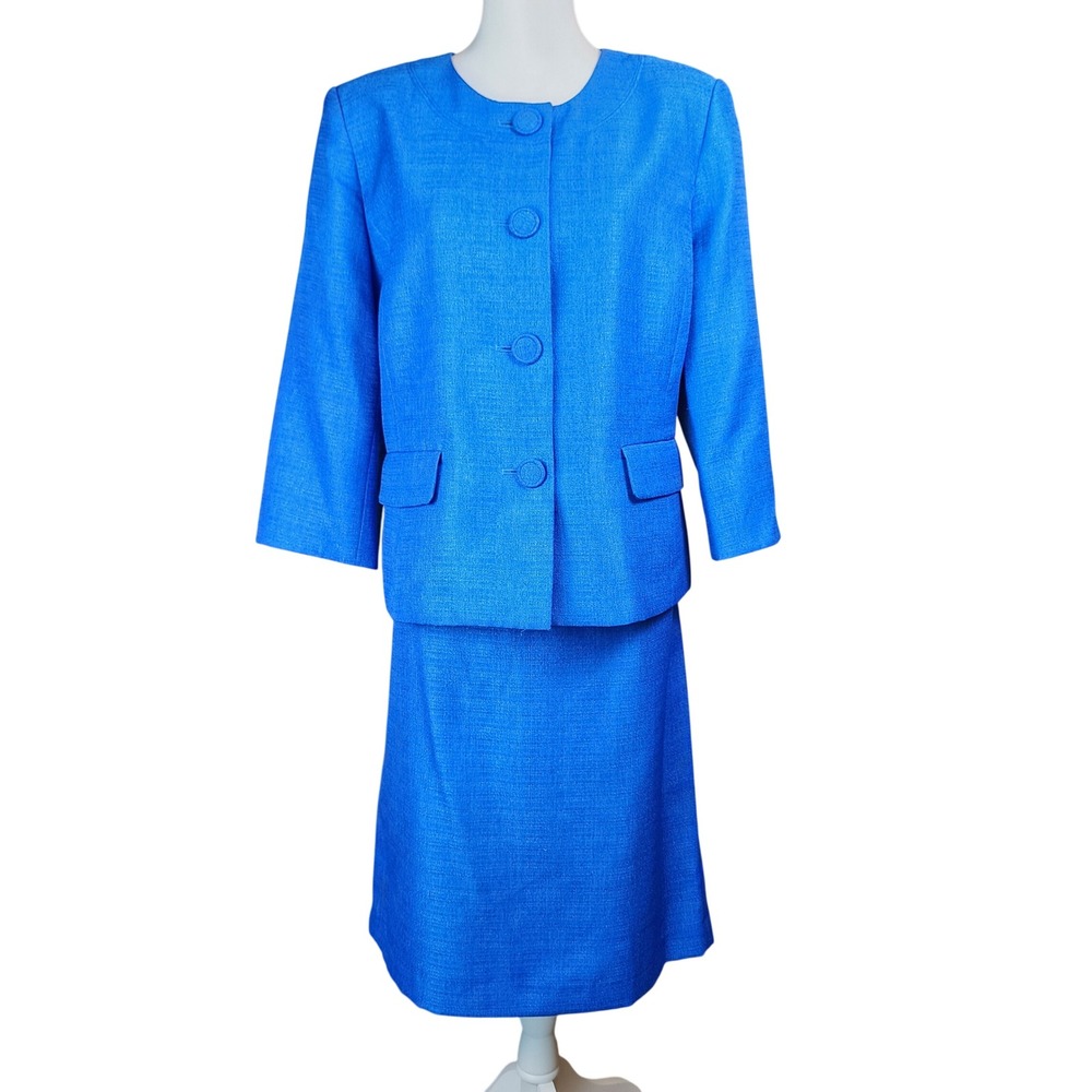 Le Suit 2 Pc Skirt Suit Set Womens 16 Royal Blue Textured Business Office Work